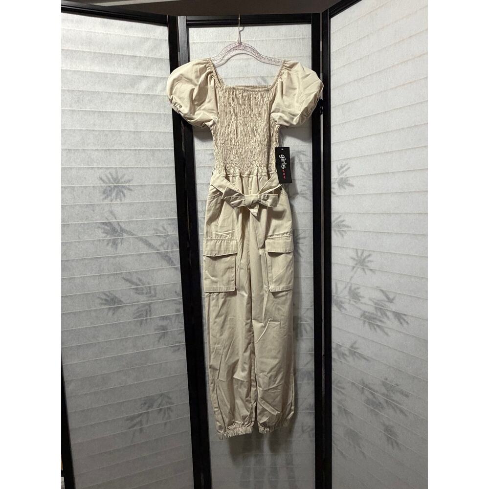 Girls 10/12 NWT Khaki Y2K Shirred Cargo‎ Jumpsuit Utility Romper Puff Sleeve Tie